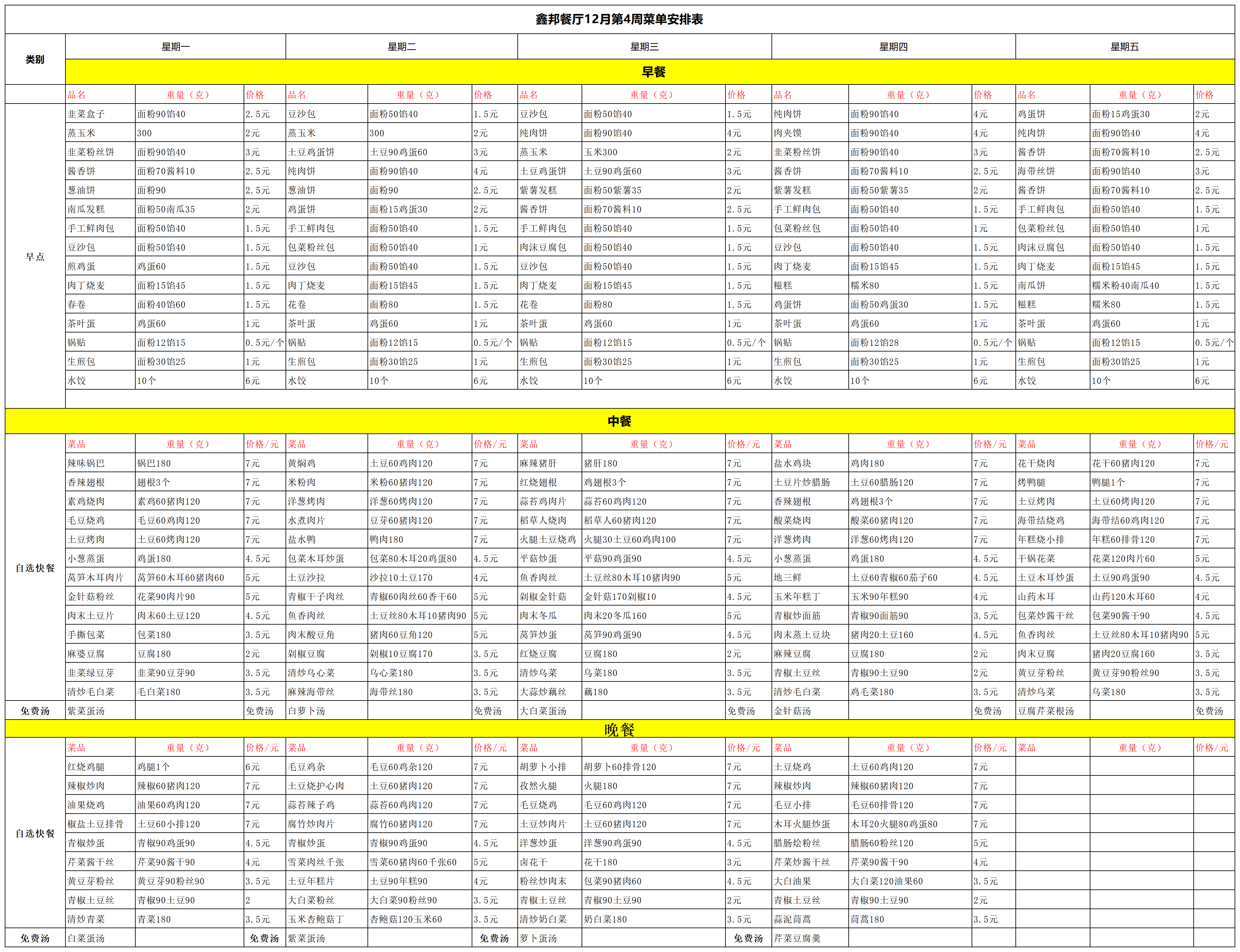 鑫邦餐厅12月第4周菜单安排表(图1)