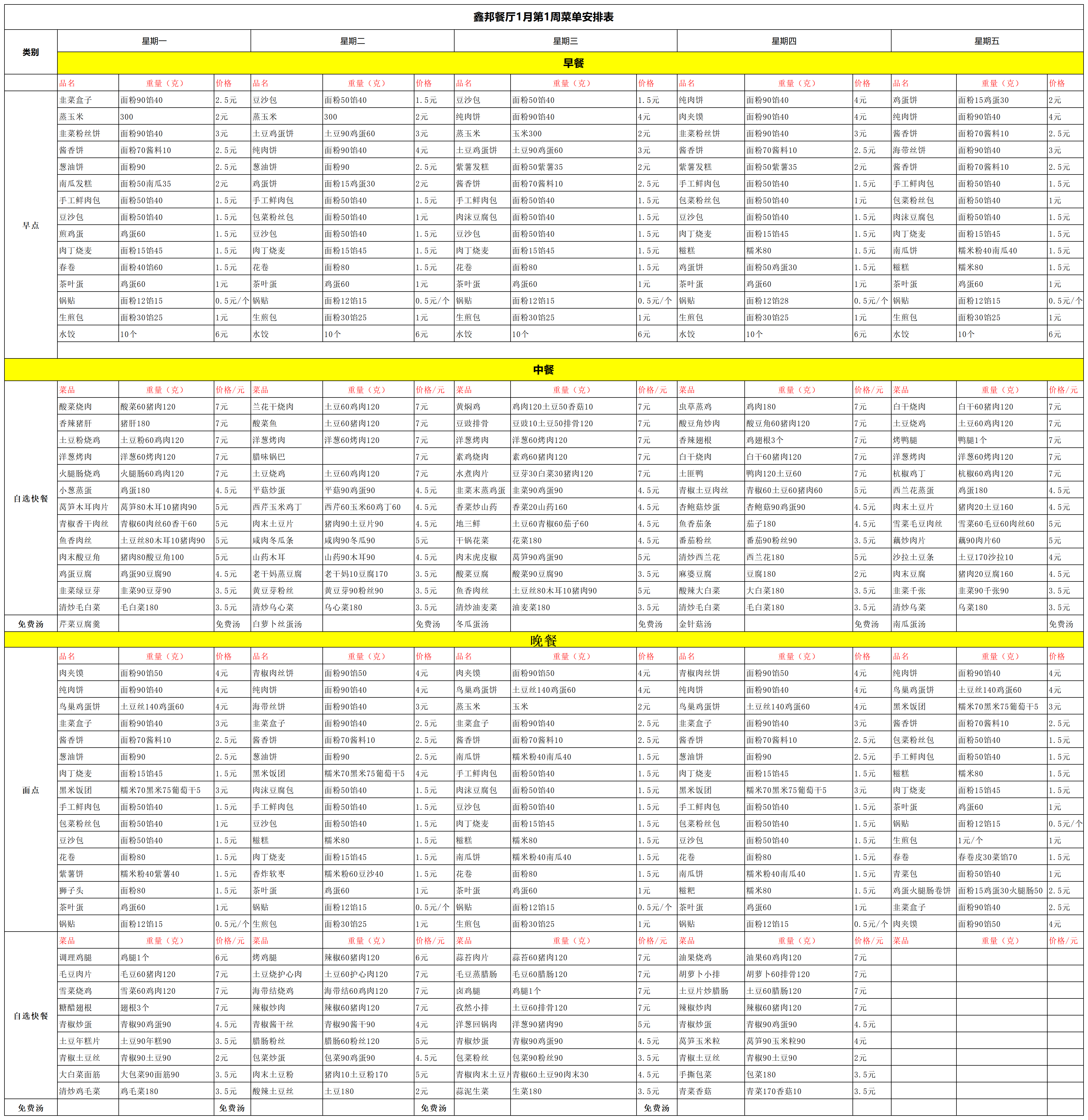 鑫邦餐厅1月第1周菜单安排表(图1)