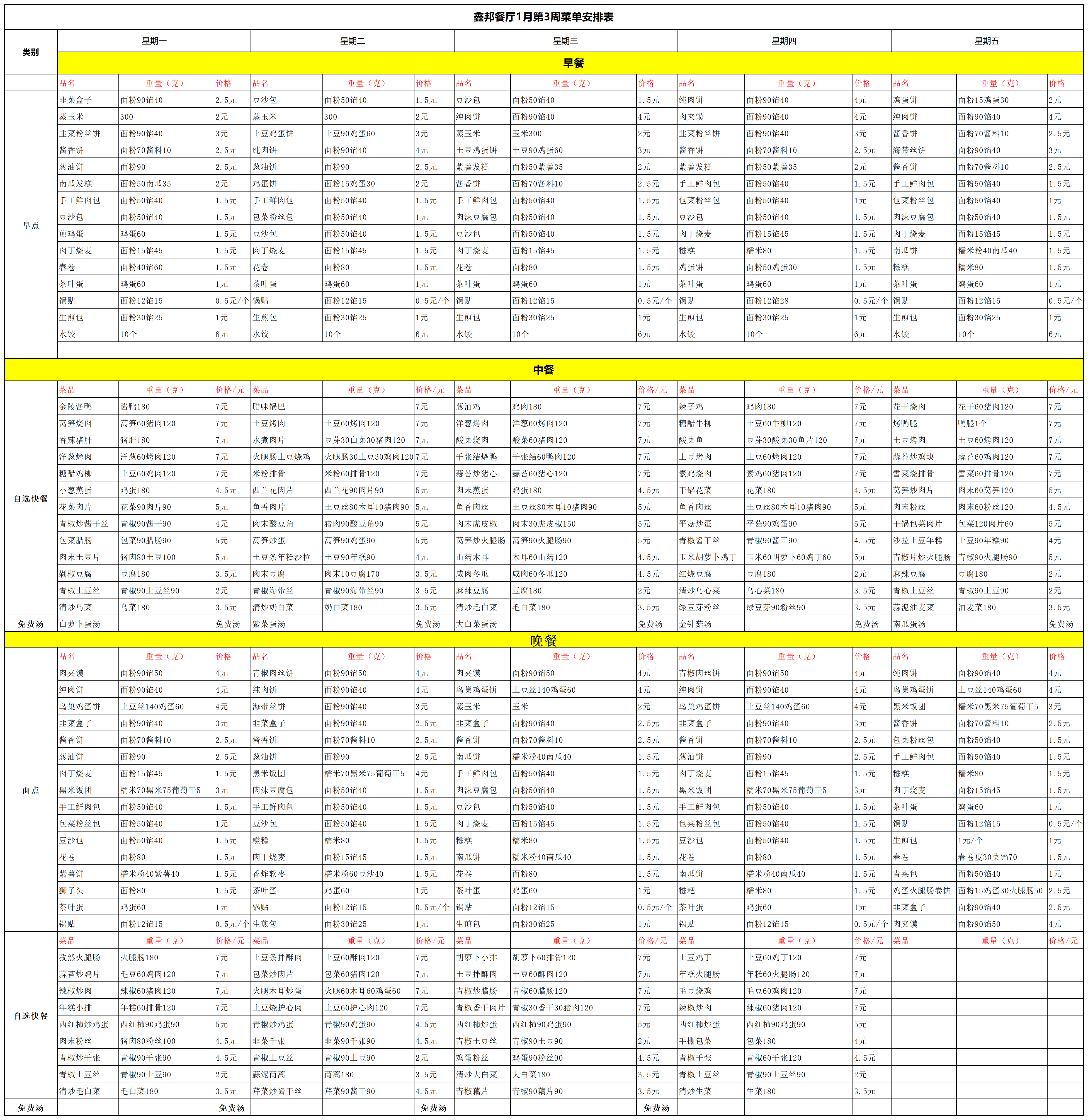 鑫邦餐厅1月第3周菜单安排表(图1)